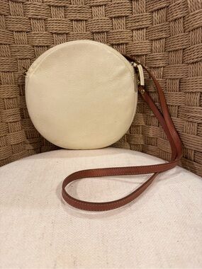 Clare V. Cream Round Crossbody Clutch Bag with Brown Strap